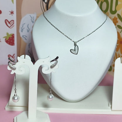 Silver stunning combo of long pearl earrings & asthetic heart pendant Ekam